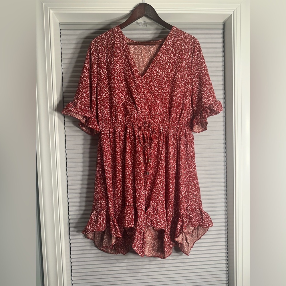 Red and white floral elastic waist dress G-24